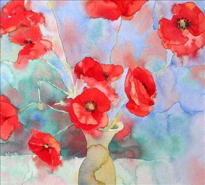 Poppies in Green Vase